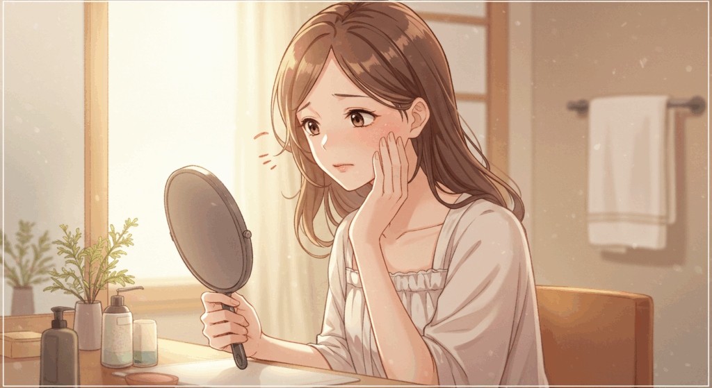 鏡を見てシミに悩んでいる女性